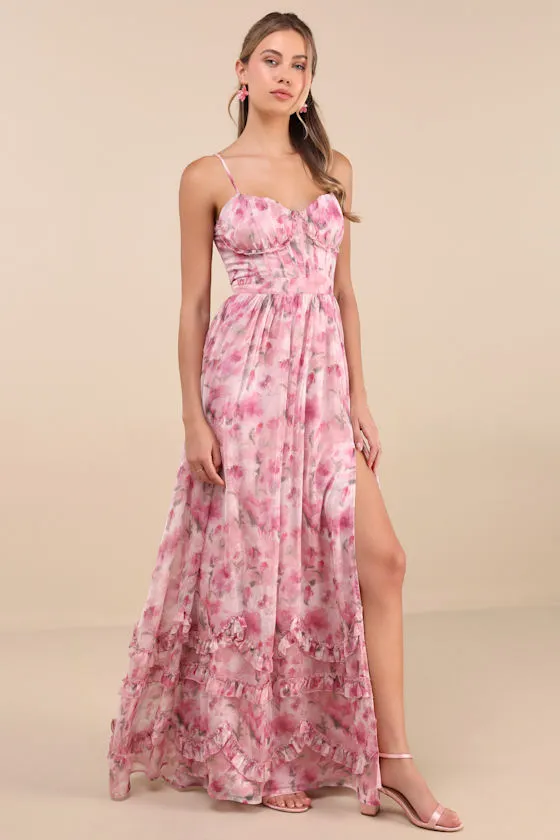 Novella Pink Floral Ruffled Bustier Lace-Up Maxi Dress sold by Lulus product image thumbnail 3