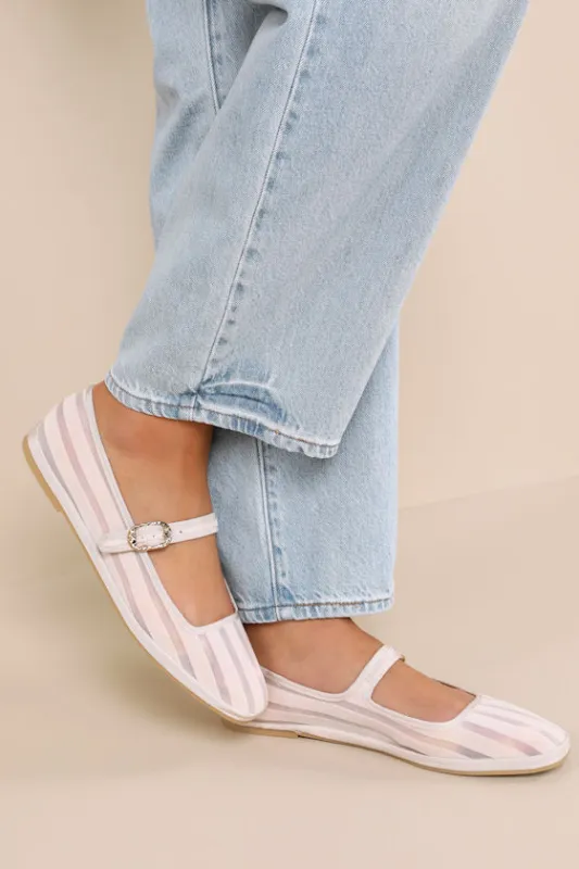 Tameka Bone Mesh Striped Buckle Ballet Flats sold by Lulus