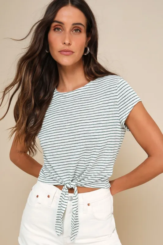 Casually Adorable Green and White Striped Tie-Front Tee sold by Lulus