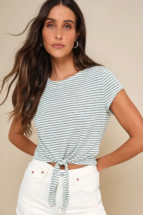 Casually Adorable Green and White Striped Tie-Front Tee sold by Lulus