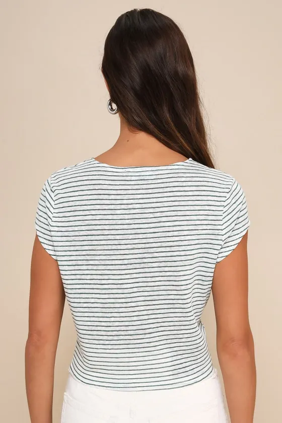 Casually Adorable Green and White Striped Tie-Front Tee sold by Lulus product image thumbnail 3