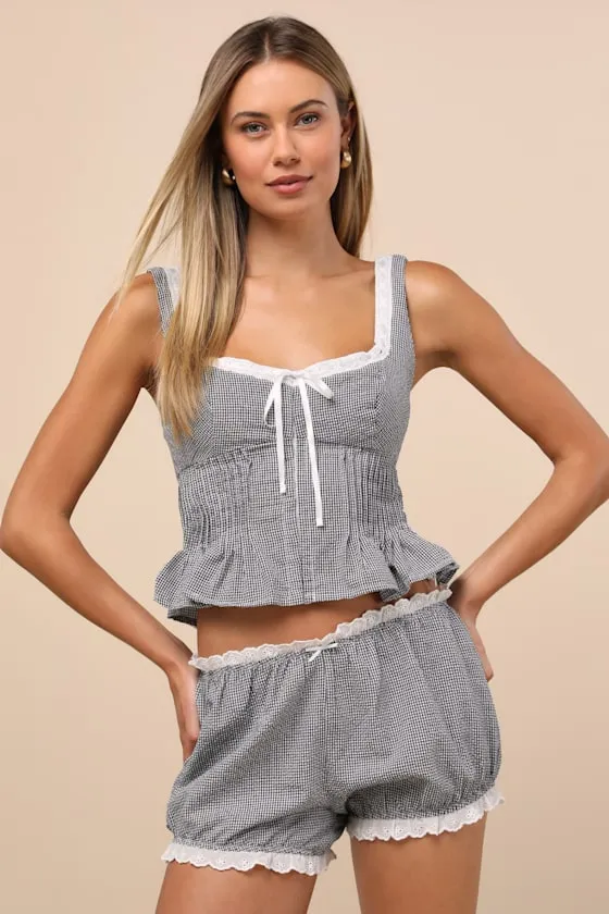 Justine Black Gingham Ruffled Bloomer Shorts sold by Lulus