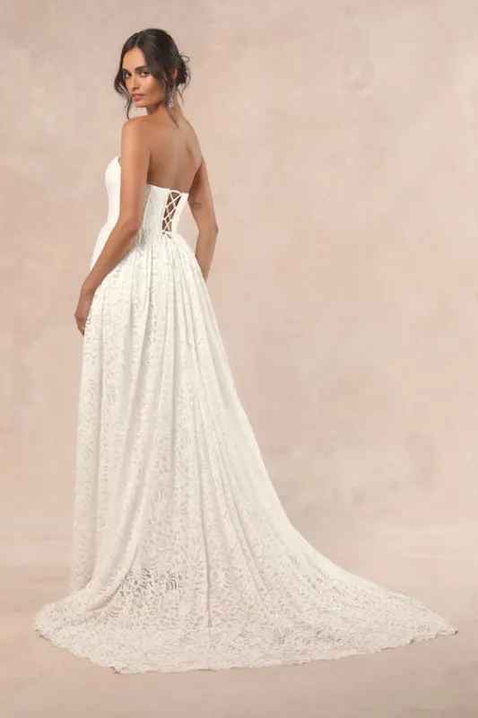 Shiori White Lace Bustier Basque Waist Strapless Maxi Dress sold by Lulus