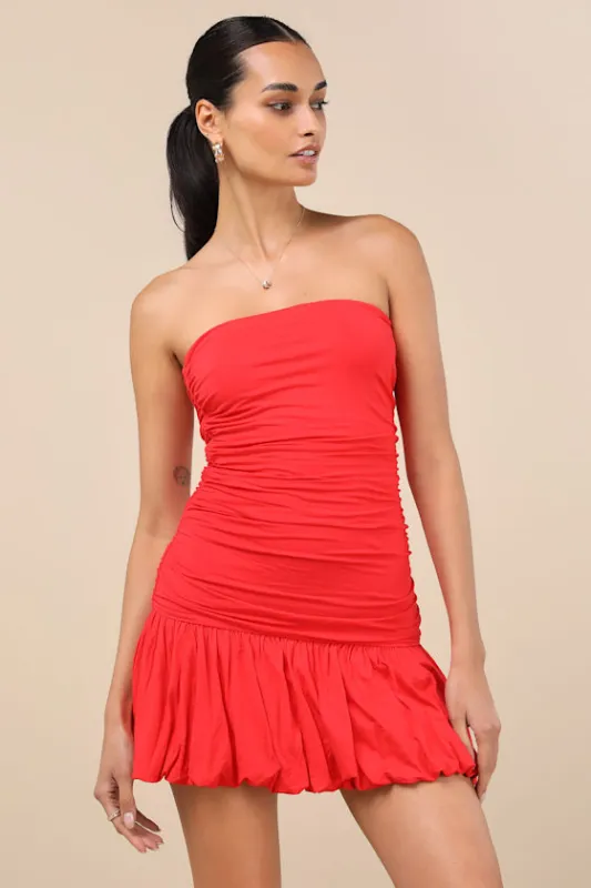 Calix Red Orange Strapless Ruched Bubble-Hem Mini Dress sold by Lulus