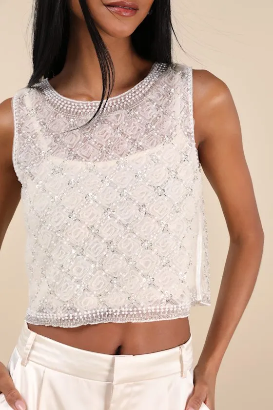 Eugenia Cream Sheer Mesh Sequin Beaded Tank Top sold by Lulus