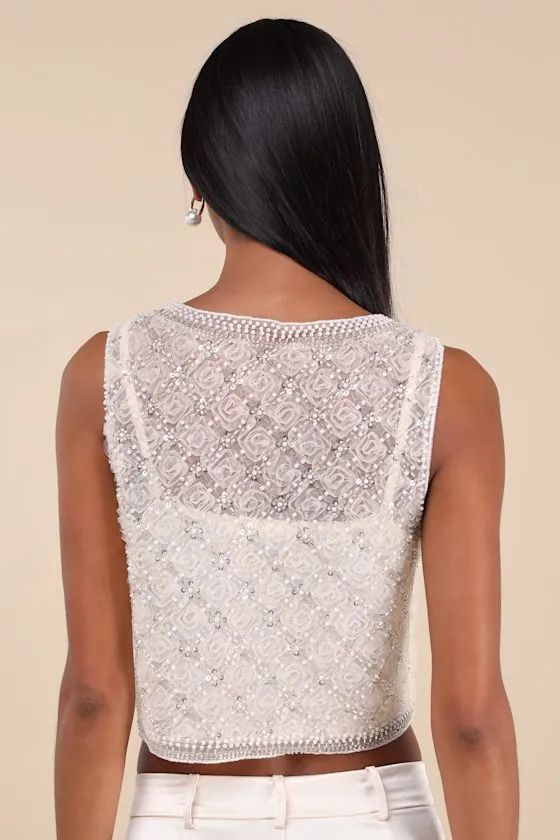 Eugenia Cream Sheer Mesh Sequin Beaded Tank Top sold by Lulus product image thumbnail 3