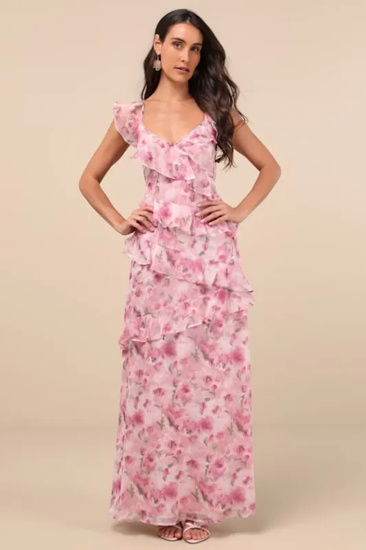 Evangeline Pink Floral Ruffled Maxi Dress sold by Lulus