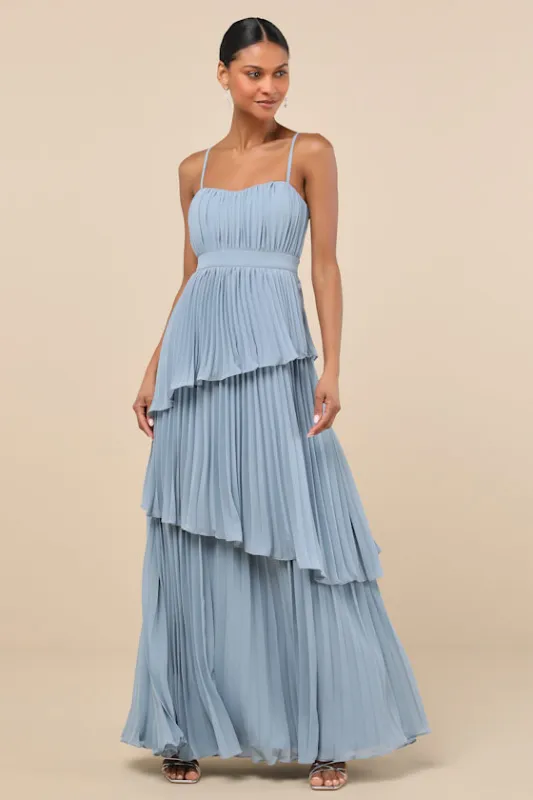 Jehona Dusty Blue Pleated Tiered Maxi Dress sold by Lulus
