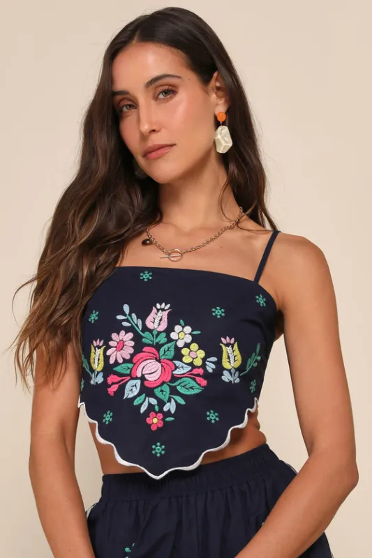 Charmed Aesthetic Navy Blue Linen Embroidered Handkerchief Top sold by Lulus
