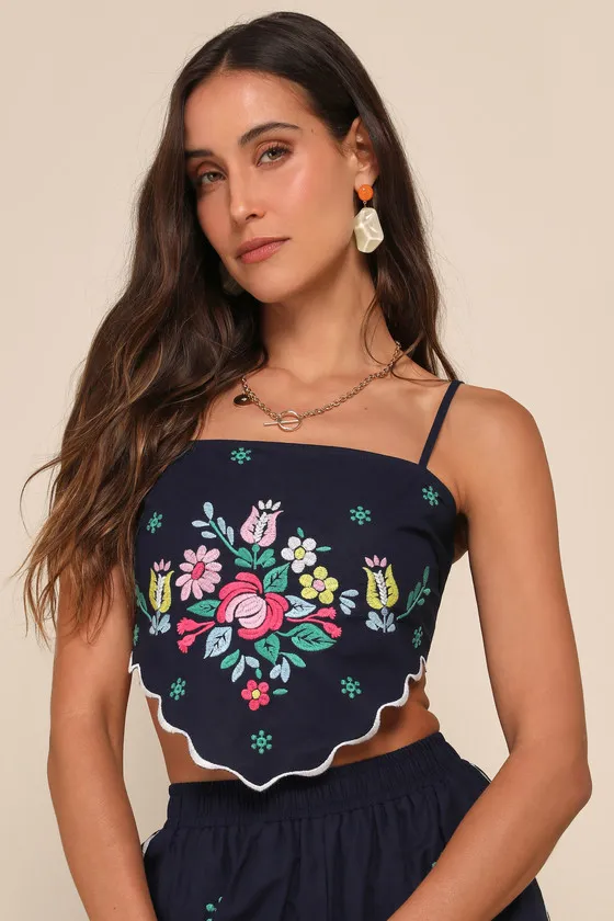 Charmed Aesthetic Navy Blue Linen Embroidered Handkerchief Top sold by Lulus