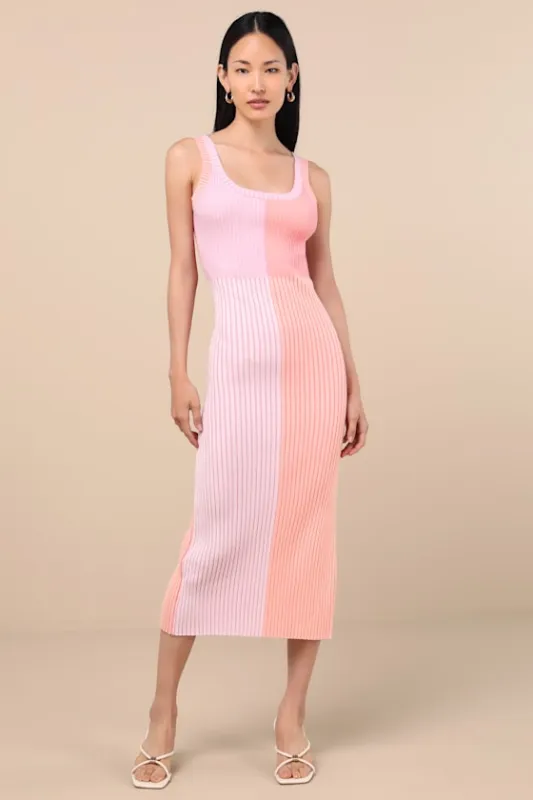 Radiant Personality Pink Color Block Ribbed Knit Midi Dress sold by Lulus