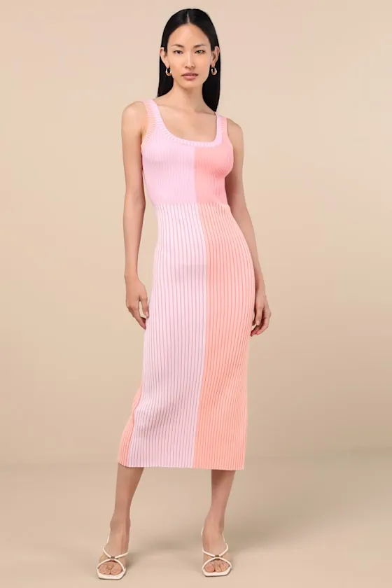 Radiant Personality Pink Color Block Ribbed Knit Midi Dress sold by Lulus
