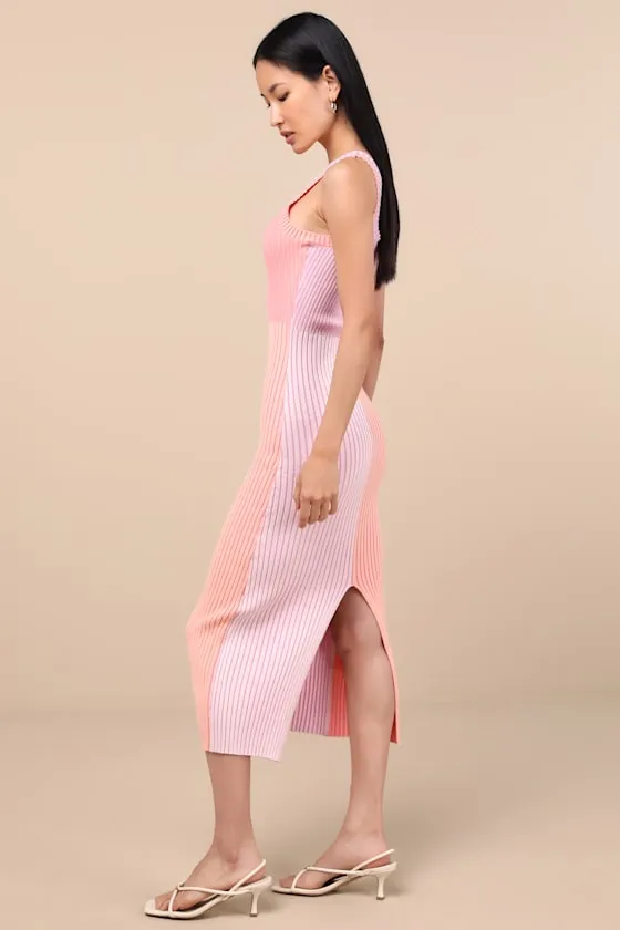 Radiant Personality Pink Color Block Ribbed Knit Midi Dress sold by Lulus product image thumbnail 3