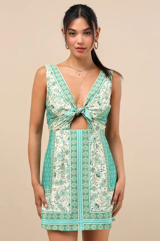 Silvana Green Multi Floral Knot-Front Mini Dress sold by Lulus product image thumbnail 3