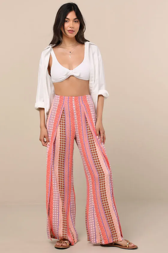 Split Spirit Multi Boho Print Wide-Leg Slit-Front Pants sold by Lulus