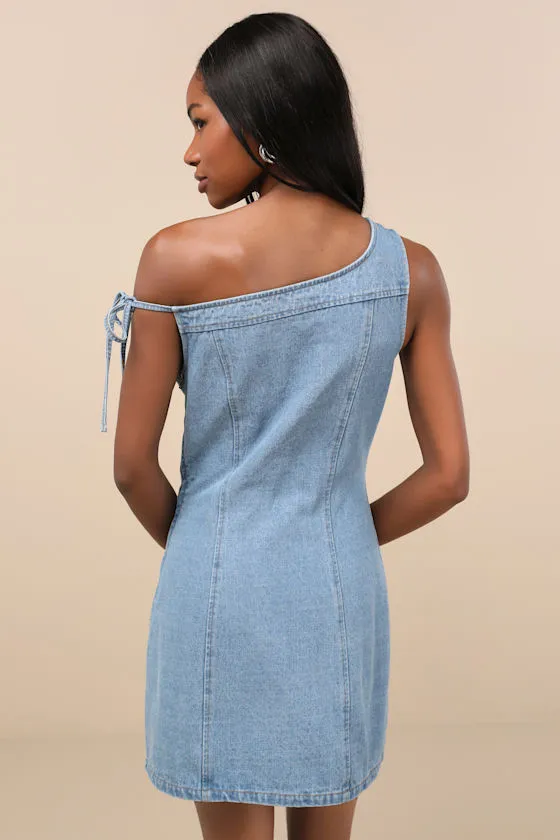 Selia Light Wash Denim One-Shoulder Mini Dress sold by Lulus product image thumbnail 2