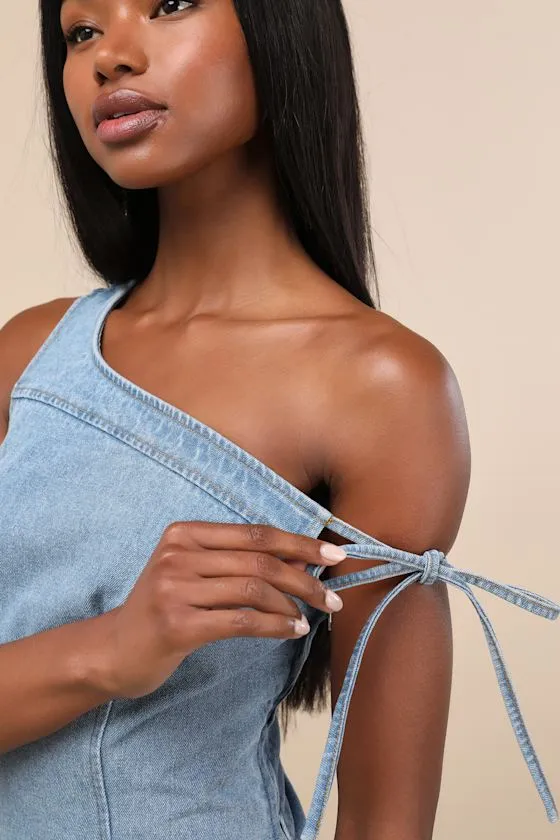 Selia Light Wash Denim One-Shoulder Mini Dress sold by Lulus product image thumbnail 4
