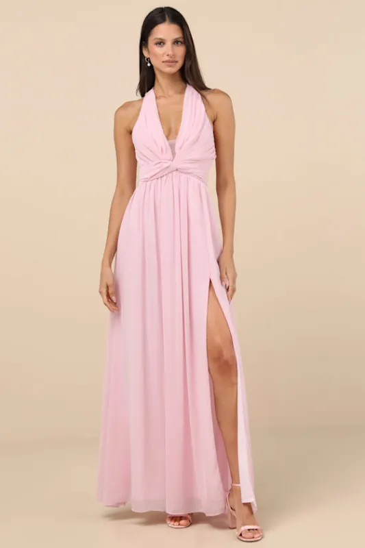 Marilina Light Pink Pleated Twist-Front Maxi Dress sold by Lulus