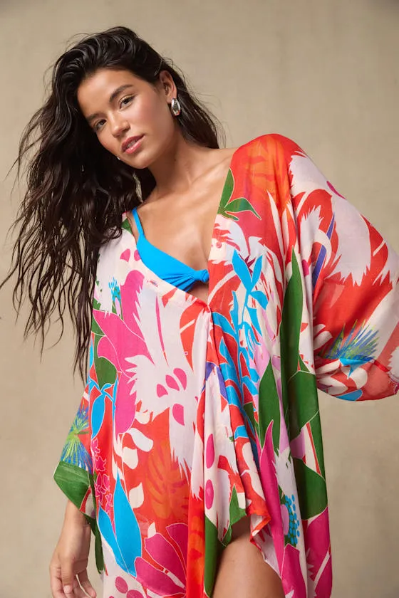 Manihi Red Multi Tropical Print Button-Front Swim Cover-Up sold by Lulus