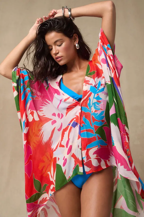 Manihi Red Multi Tropical Print Button-Front Swim Cover-Up sold by Lulus product image thumbnail 3