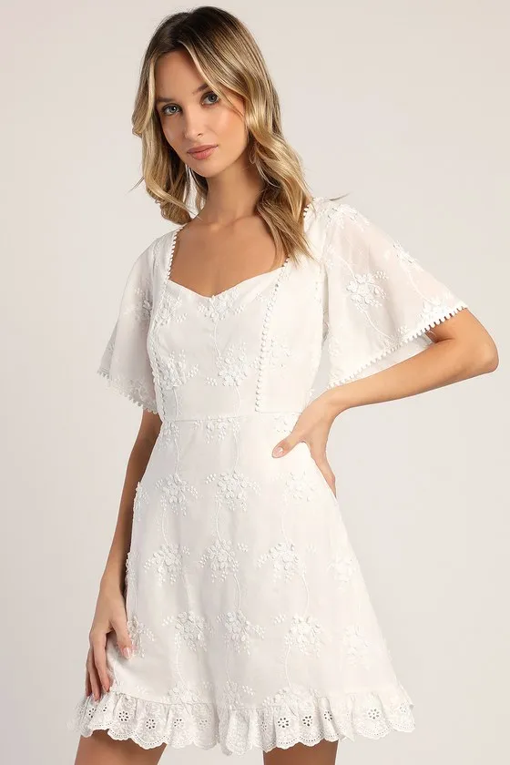 Morning in Mallorca White Eyelet Mini Dress sold by Lulus