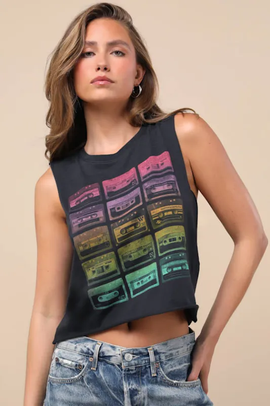 Cassette Black Multi Graphic Muscle Crop Tank Top sold by Lulus