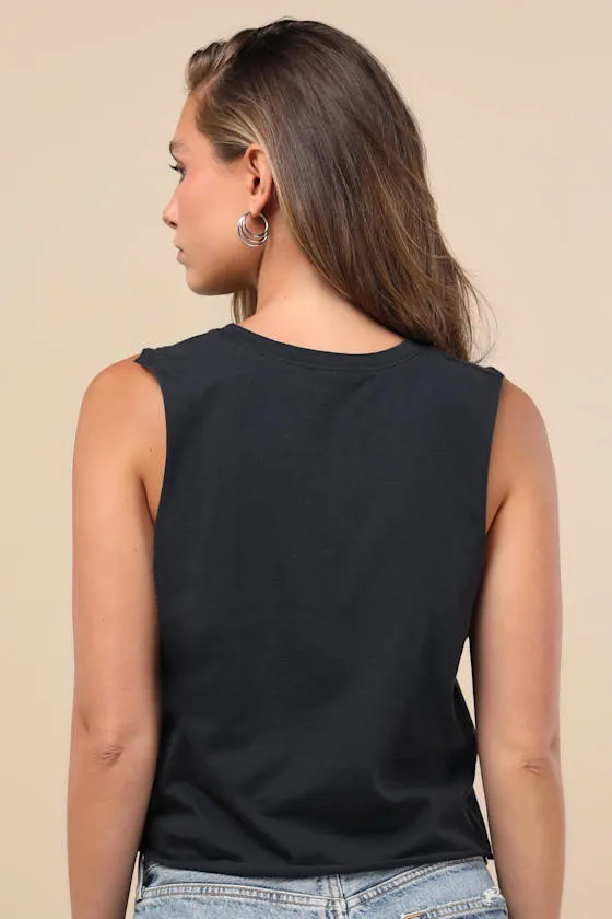 Cassette Black Multi Graphic Muscle Crop Tank Top sold by Lulus product image thumbnail 2