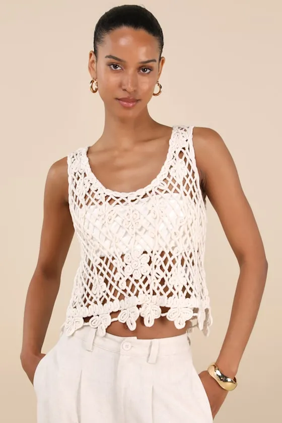 Taisia Cream Sheer Crochet Knit Tank Top sold by Lulus