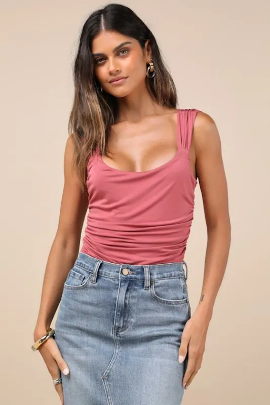 Cut Out for Summer Rusty Rose Ruched Tie-Back Bodysuit sold by Lulus