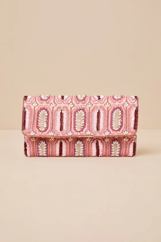 Lorelai Pink Multi Leaf Beaded Clutch sold by Lulus