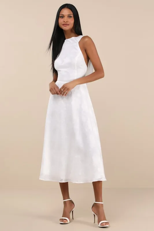Sendoa White Burnout Cowl Back Midi Dress sold by Lulus