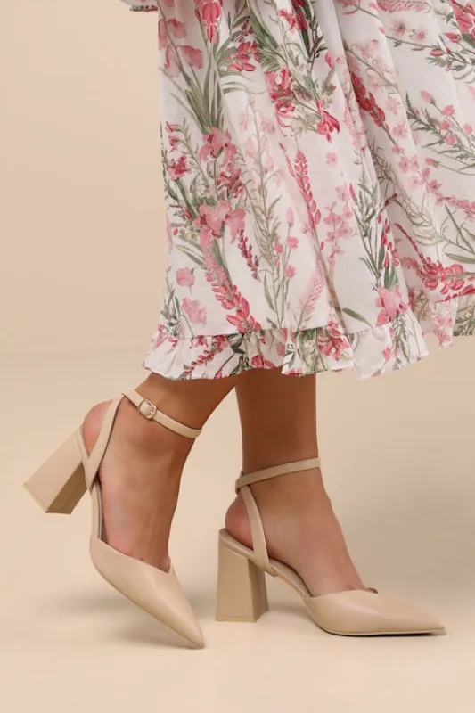 Alodie Beige Pointed-Toe Ankle Strap Pumps sold by Lulus