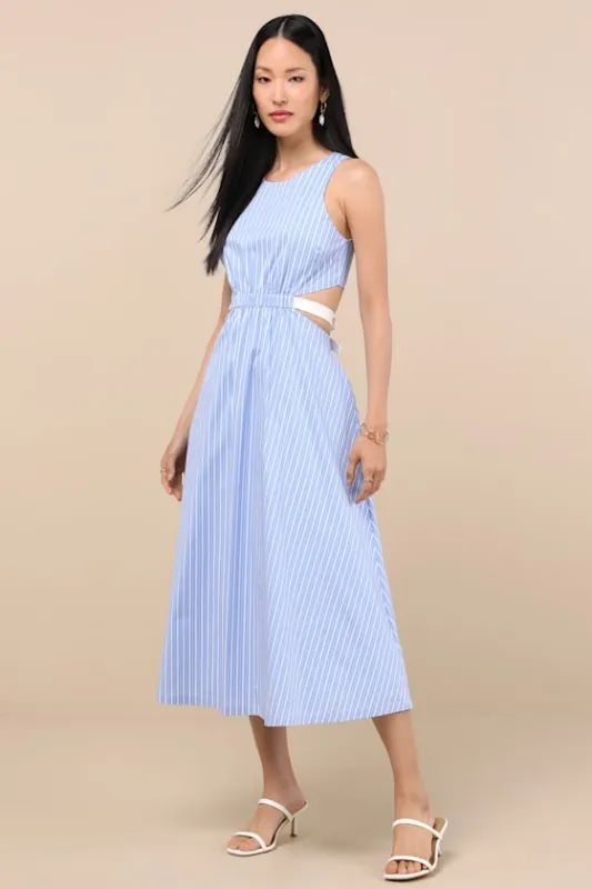 Kianne Blue Striped Cutout Tie-Back Midi Dress sold by Lulus