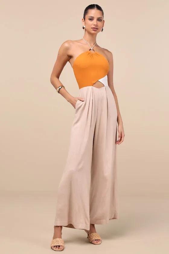 Suma Beige Multi Color Block Wide-Leg Jumpsuit sold by Lulus product image thumbnail 2