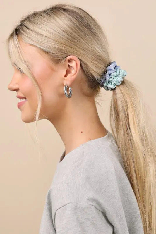 Ruched Blue Satin Scrunchie Set sold by Lulus