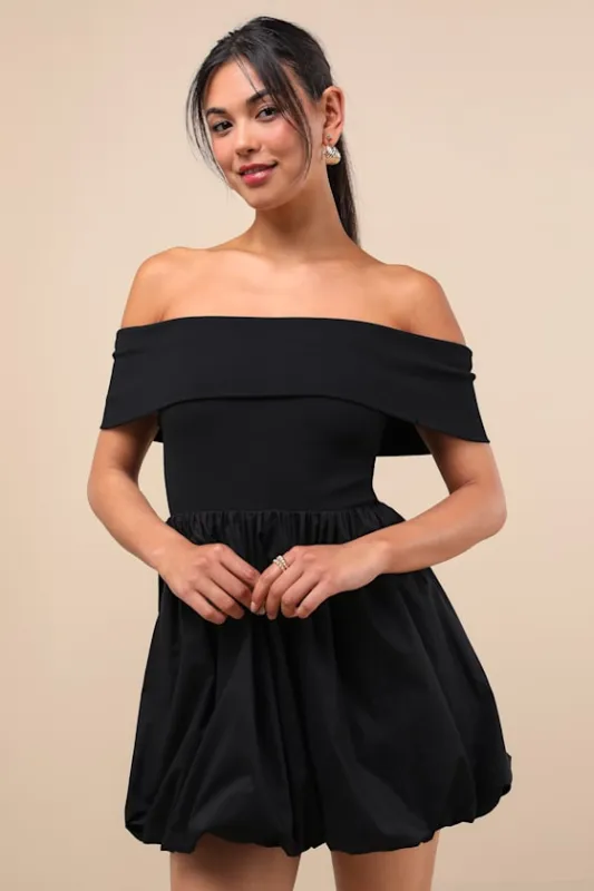 Launi Black Mixed Media Off-the-Shoulder Mini Dress sold by Lulus