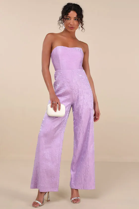 Ciela Lavender Textured Strapless Wide-Leg Jumpsuit sold by Lulus