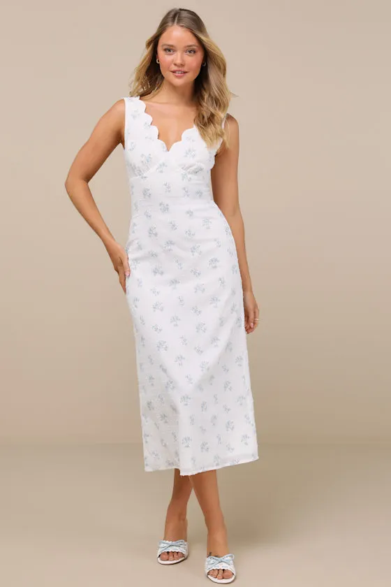 Natassa White Floral Swiss Dot Midi Dress sold by Lulus