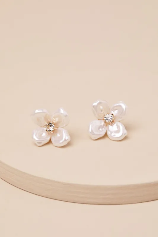 Irmina White Pearl Flower Stud Earrings sold by Lulus