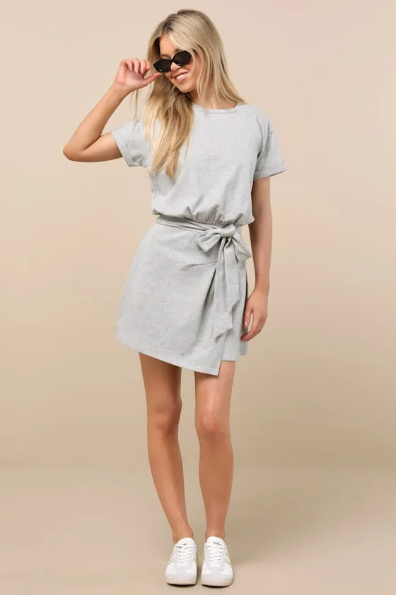 Ioana Heather Grey Short Sleeve Pleated Faux-Wrap Mini Dress sold by Lulus