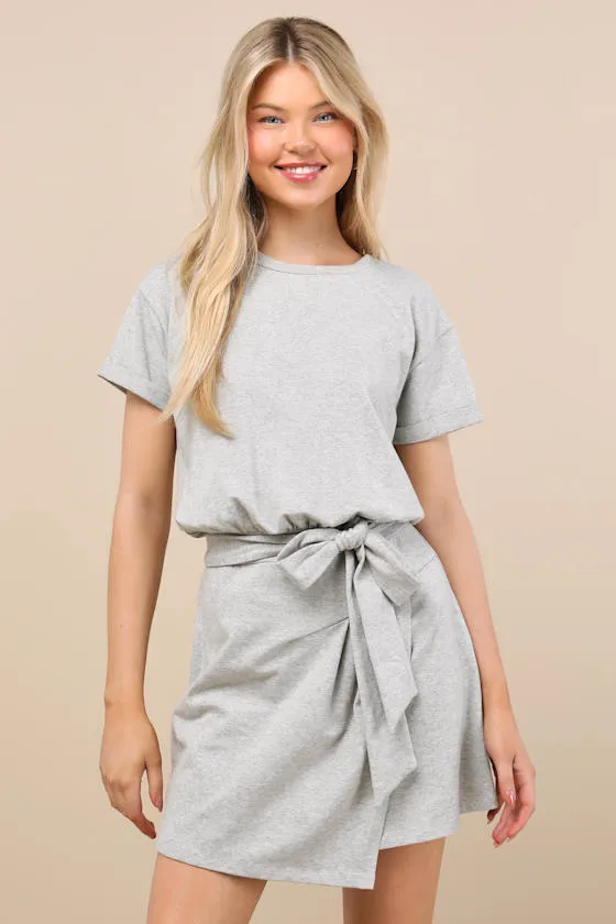 Ioana Heather Grey Short Sleeve Pleated Faux-Wrap Mini Dress sold by Lulus product image thumbnail 2