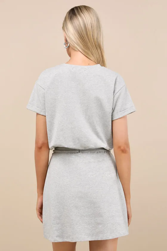 Ioana Heather Grey Short Sleeve Pleated Faux-Wrap Mini Dress sold by Lulus product image thumbnail 3