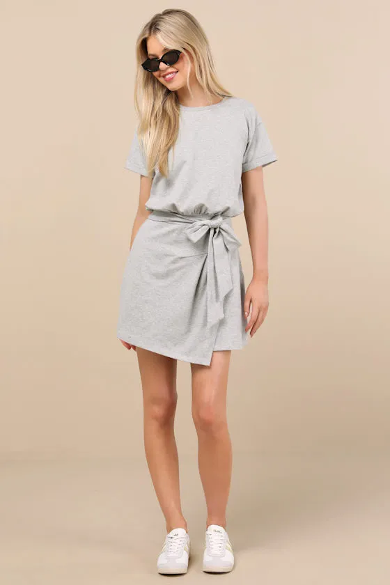 Ioana Heather Grey Short Sleeve Pleated Faux-Wrap Mini Dress sold by Lulus product image thumbnail 4
