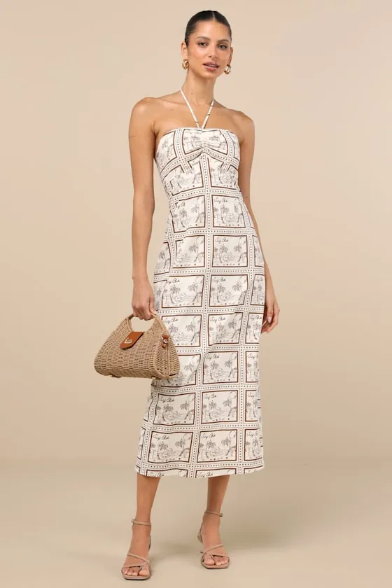Asiya Beige Stamp Print Halter Midi Dress sold by Lulus