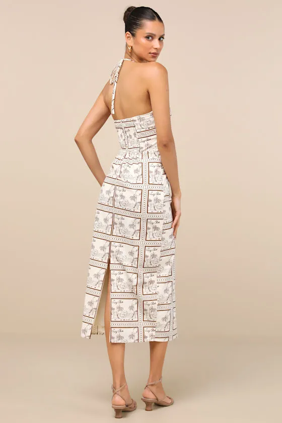 Asiya Beige Stamp Print Halter Midi Dress sold by Lulus product image thumbnail 3