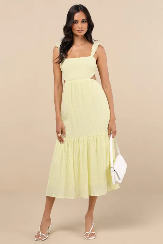 Dreamiest Darling Yellow Smocked Tie-Back Tiered Midi Dress sold by Lulus