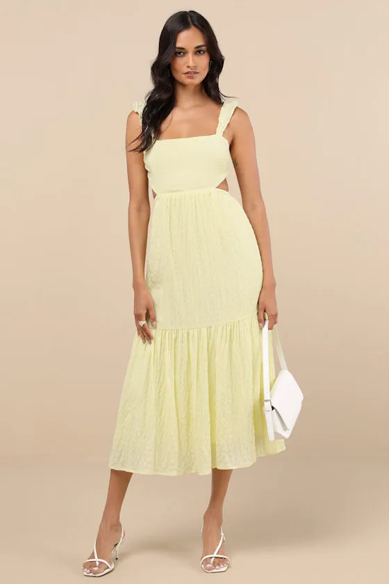 Dreamiest Darling Yellow Smocked Tie-Back Tiered Midi Dress sold by Lulus
