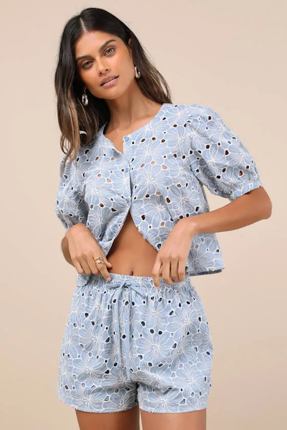 Aminta Blue Eylet Embroidered Drawstring Shorts sold by Lulus