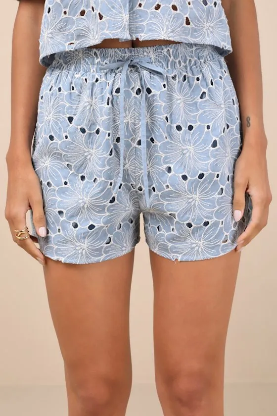 Aminta Blue Eylet Embroidered Drawstring Shorts sold by Lulus product image thumbnail 3