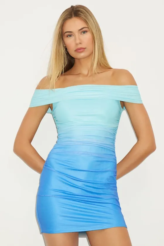 Aeliana Aqua Ombre Mesh Off-the-Shoulder Ruched Mini Dress sold by Lulus product image thumbnail 3
